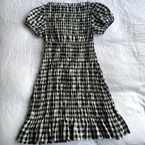 Doen Rizzo Linen Smocked Boat Neck Short Puff Sleeve Mini Dress Marilyn Gingham - Picture 12 of 16